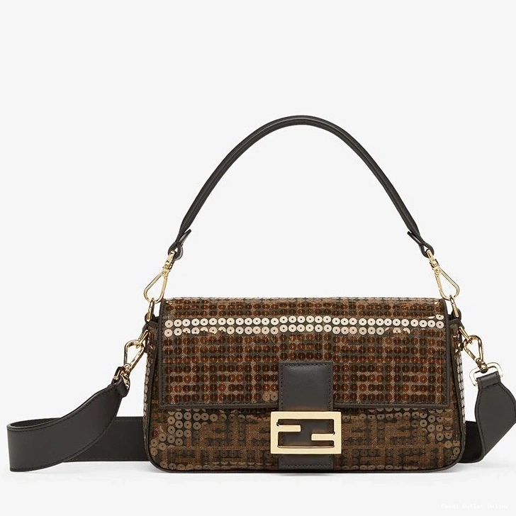 Cheap Medium In with Bag Baguette Motif Sequins Fabric Fendi FF Brown 0813
